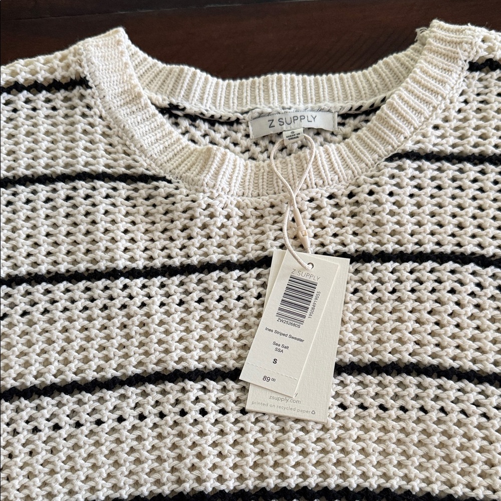 Z Supply Ines Cream Open-Knit Sweater with Black Stripes - Picture 3 of 4